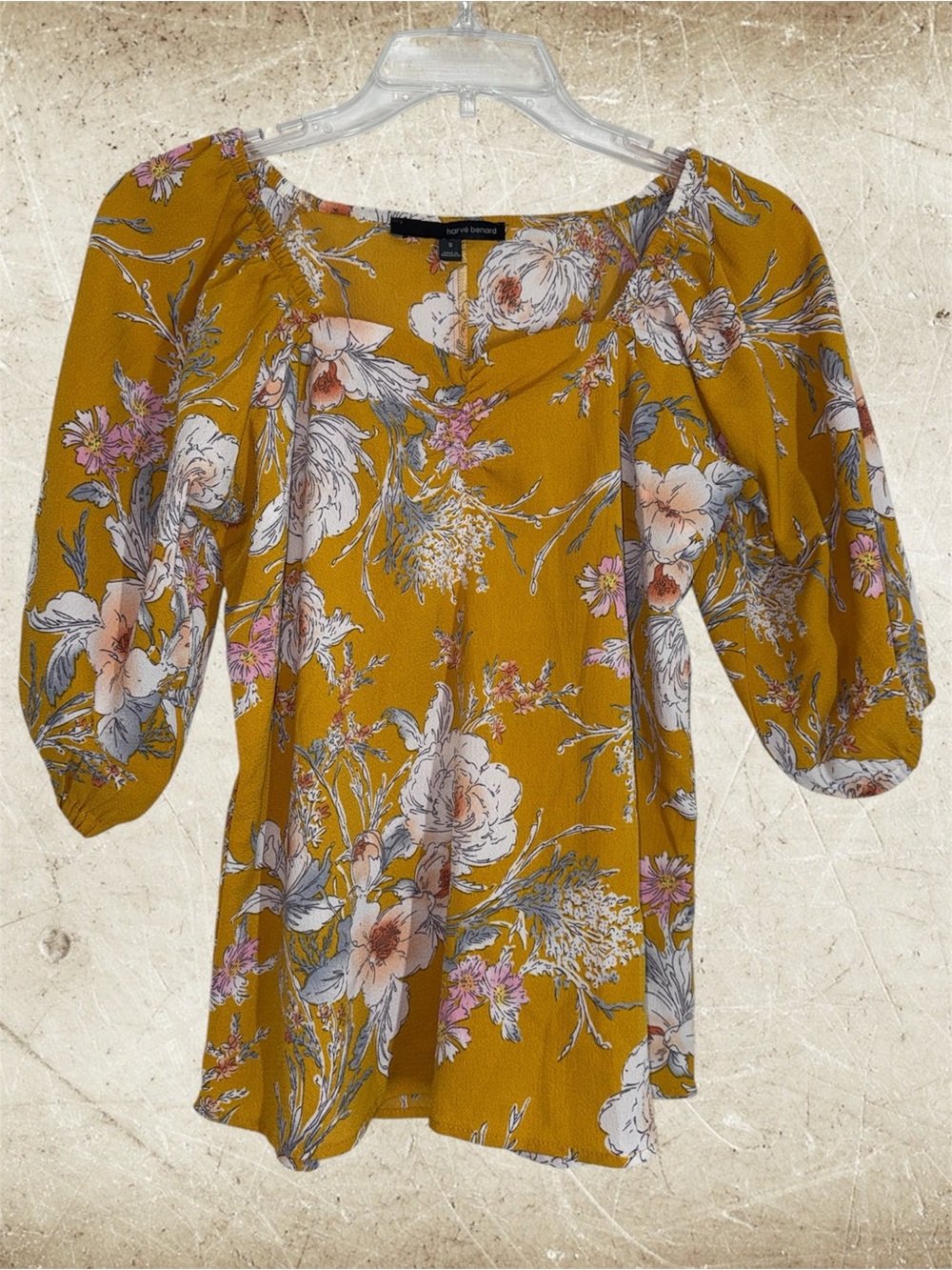 Harve Benard Mustard Floral On/Off-Shoulder Blouse with Sweetheart Neckline S